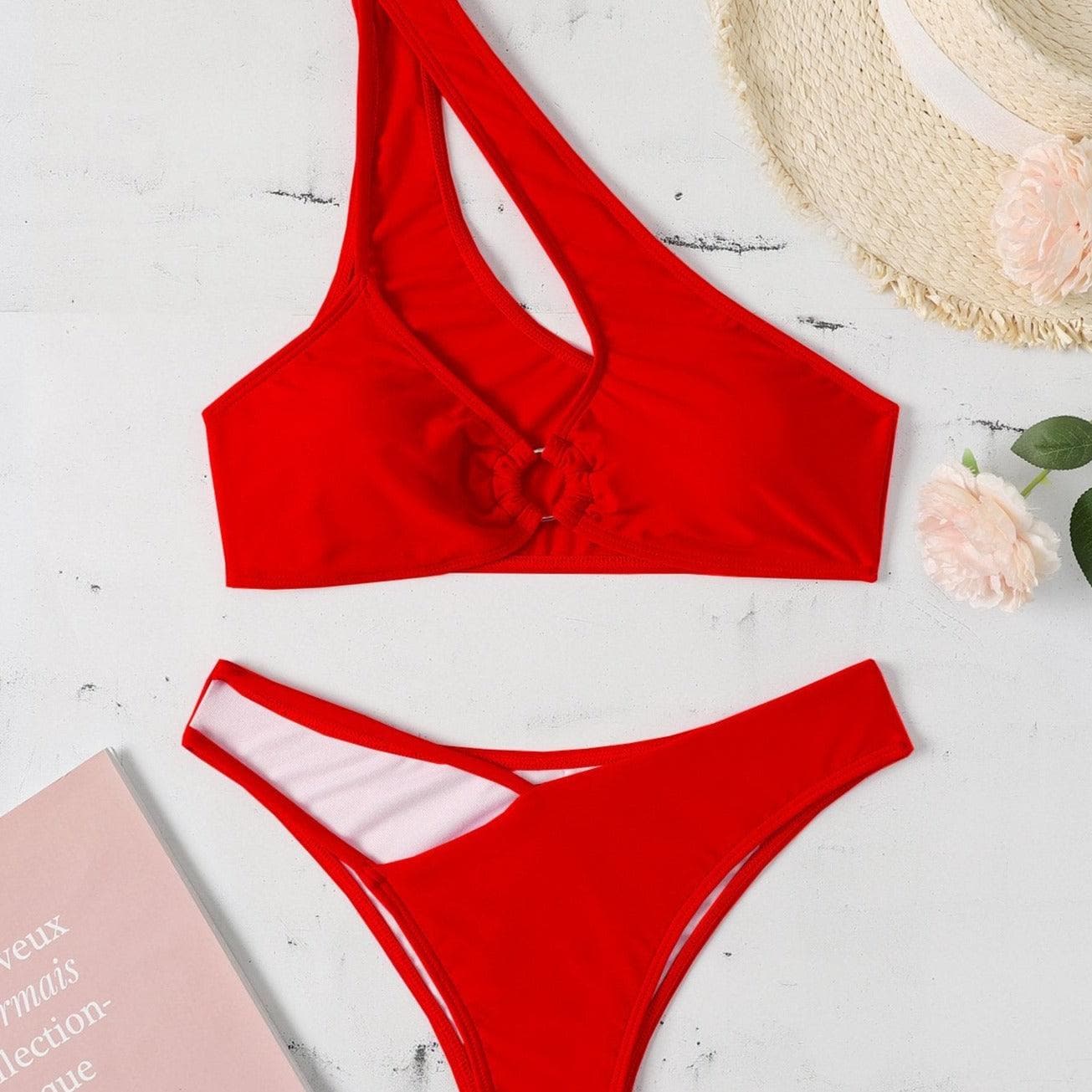 One side hollow out one shoulder solid bikini