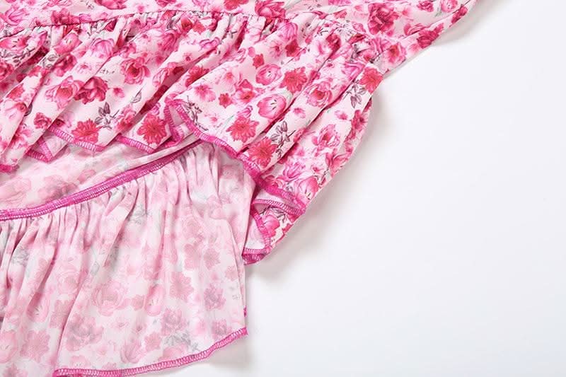 One shoulder knotted slit flower print ruffle maxi dress-final-sale