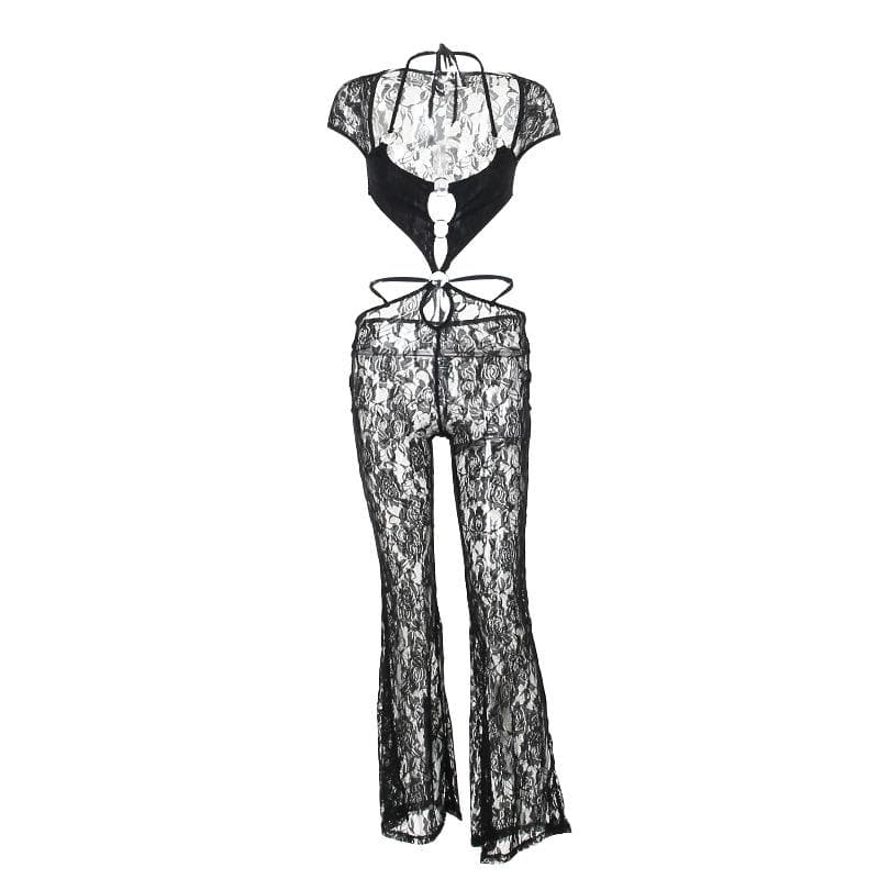 Short sleeve halter o ring lace hollow out jumpsuit