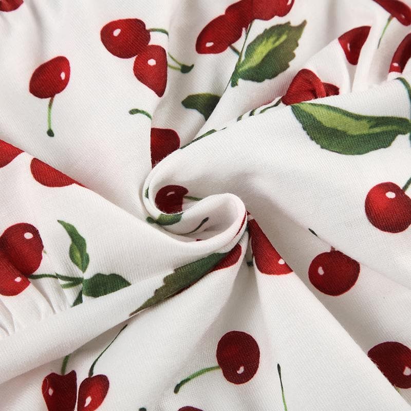Cap sleeve u neck cherry print lace up top