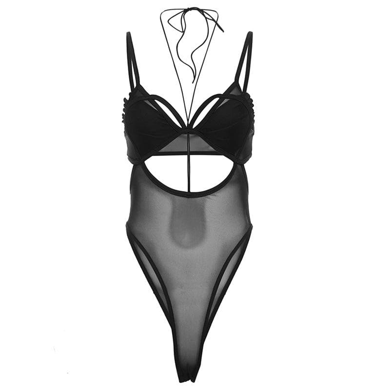 Mesh hollow out stitch ruffle solid cami bodysuit