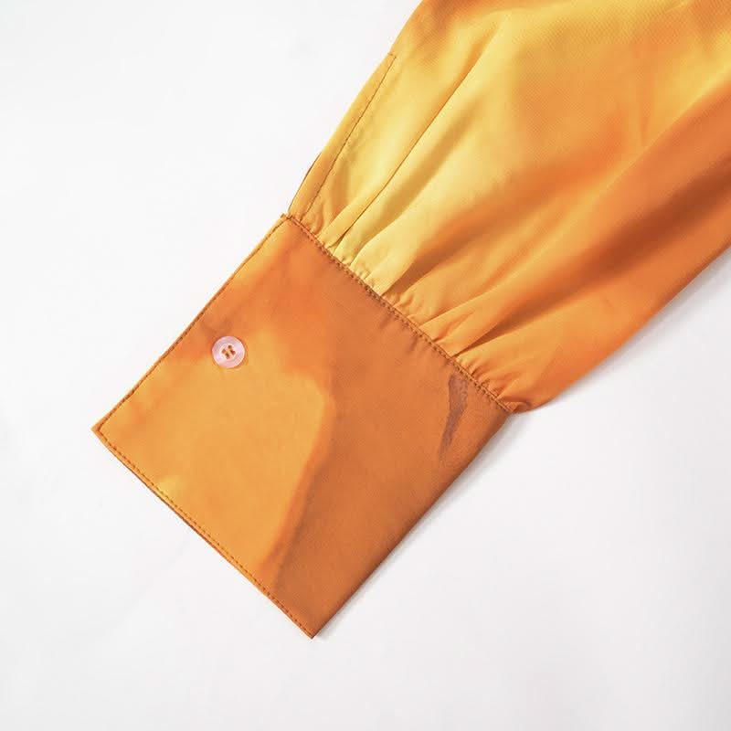 Button long sleeve ruched turnover collar print top