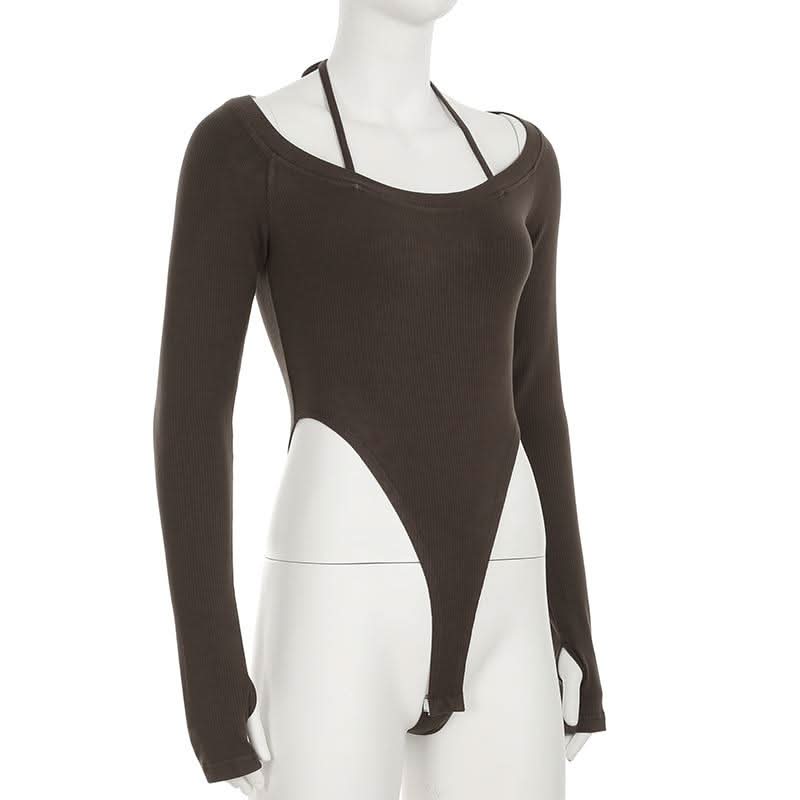 Halter long sleeve knitted self tie bodysuit