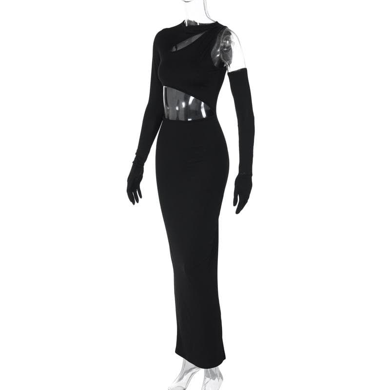 Crew Neck Asymmetric Long Sleeve Glove Cutout Bodycon Maxi Dress