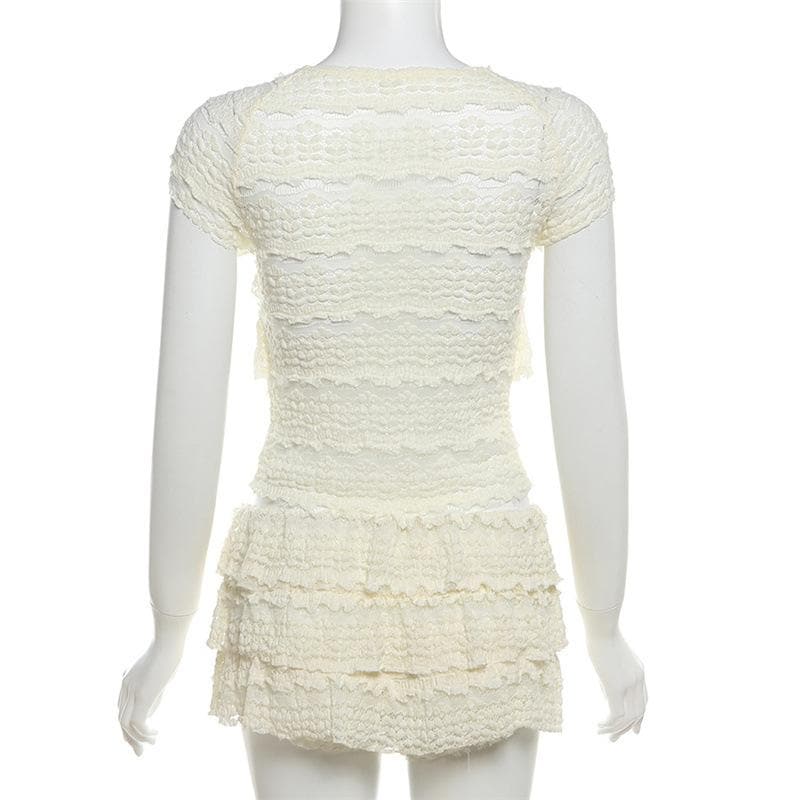 Crewneck cap sleeve textured ruched solid mini skirt set