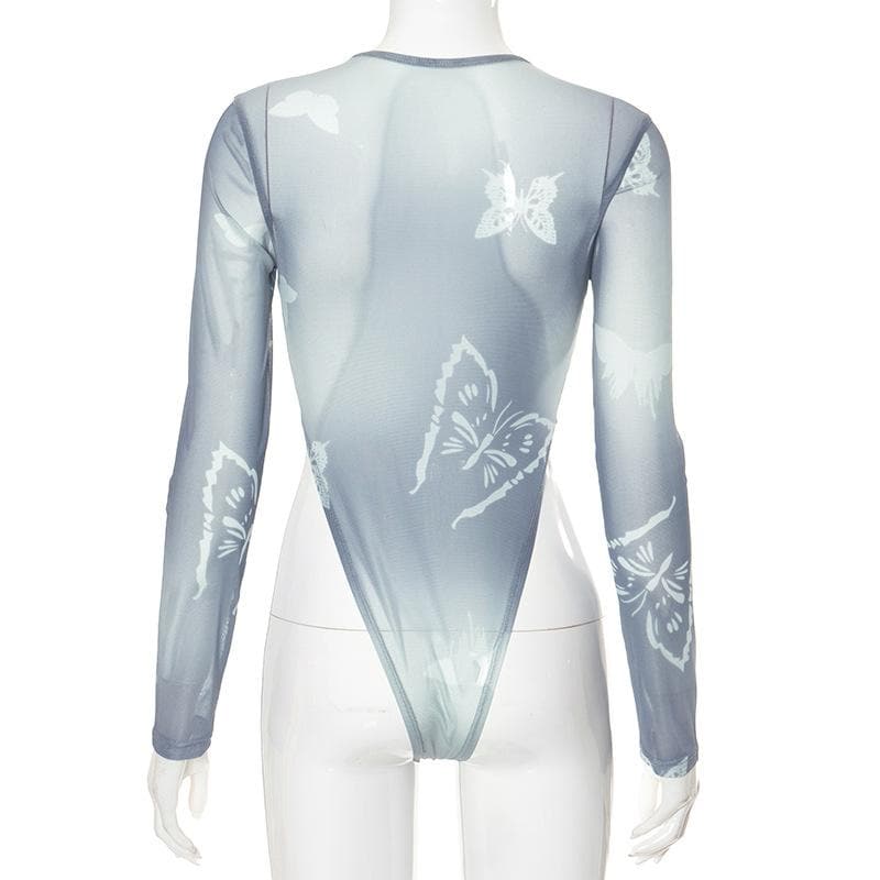 Long sleeve sheer mesh butterfly print bodysuit