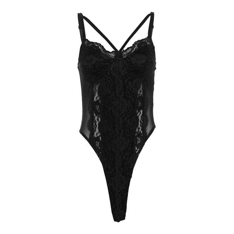 Patchwork v neck lace contrast bodysuit