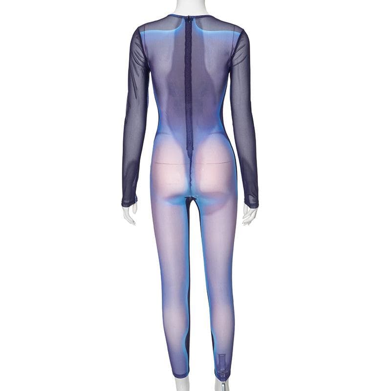 Long sleeve crewneck body print zip-up sheer mesh jumpsuit