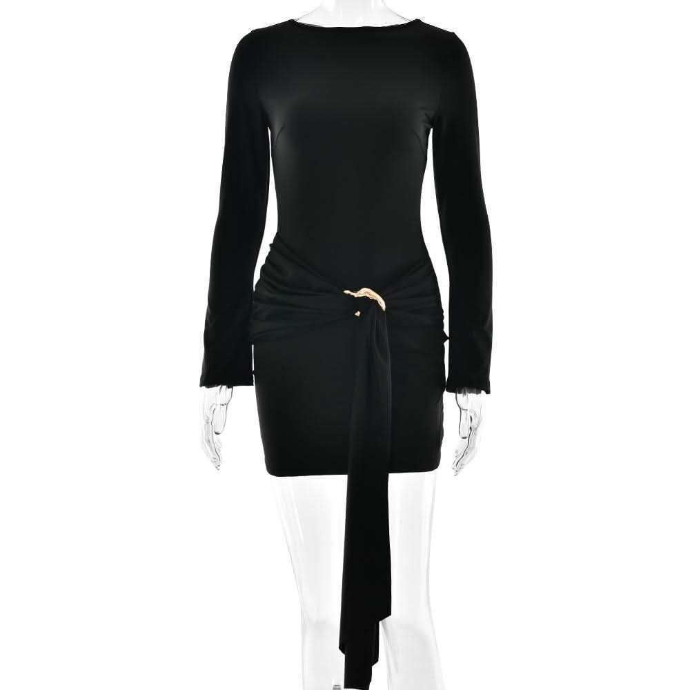 Long sleeve ruched metal applique mini dress