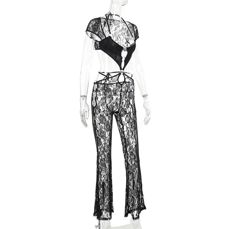Short sleeve halter o ring lace hollow out jumpsuit