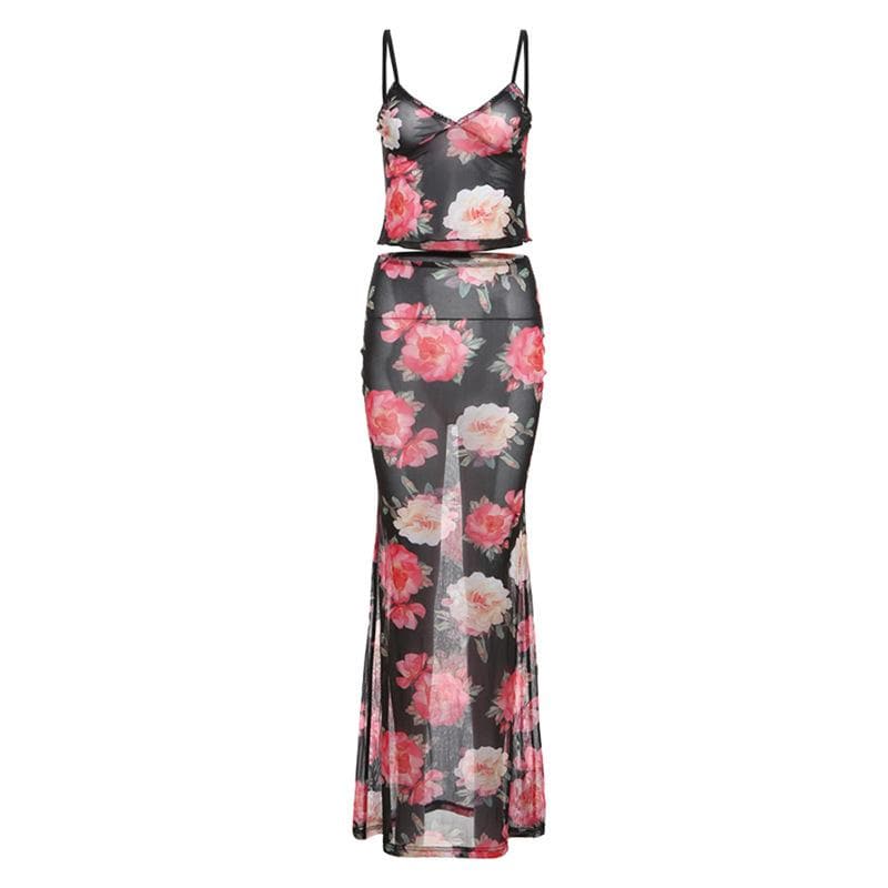 Sheer mesh flower print ruffle v neck cami skirt set