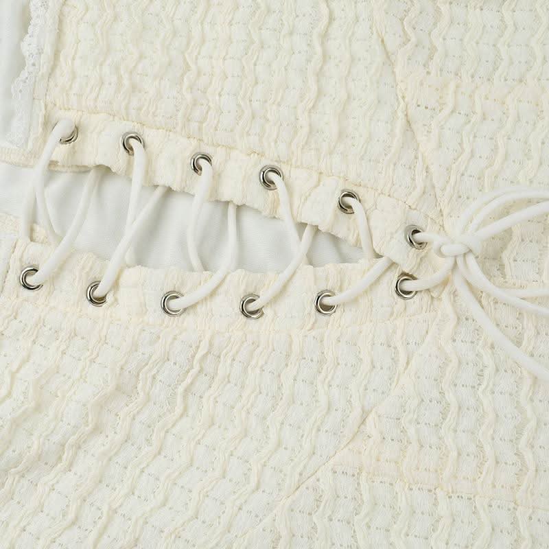 Lace up slit textured spaghetti strap lace hem maxi dress