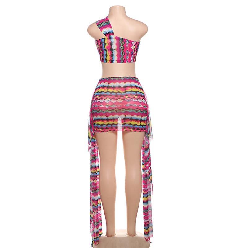 One shoulder irregular mesh print mini skirt set