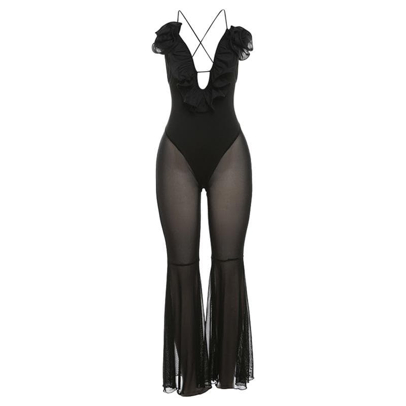 Flower applique ruffle lace up mesh cami jumpsuit