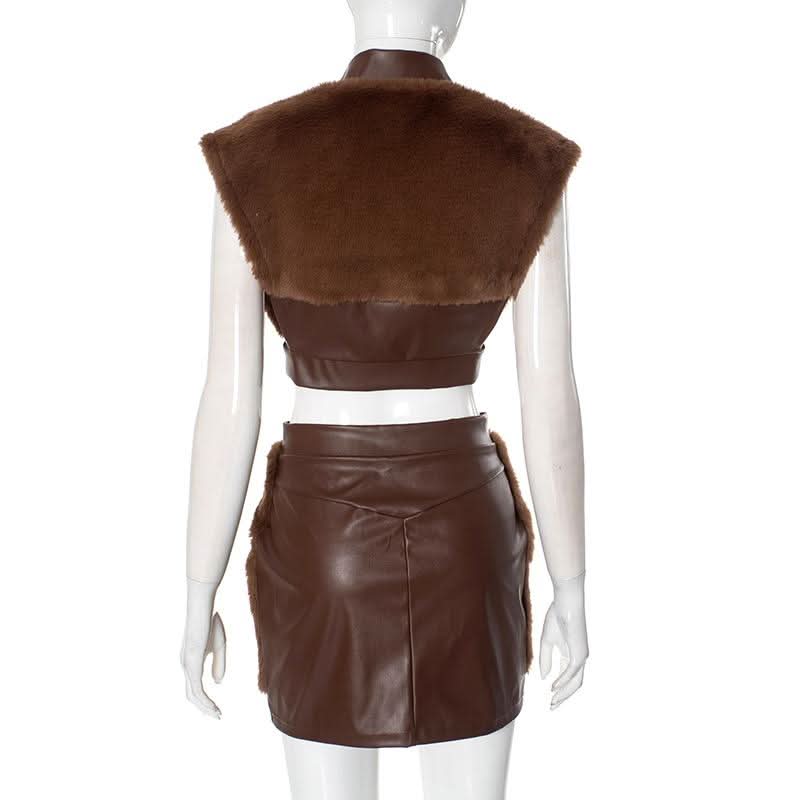 Cap sleeve fluffy PU leather patchwork zip-up mini skirt set