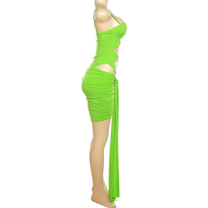 Hollow out solid ruched low cut self tie cami bodysuit mini skirt set-final-sale
