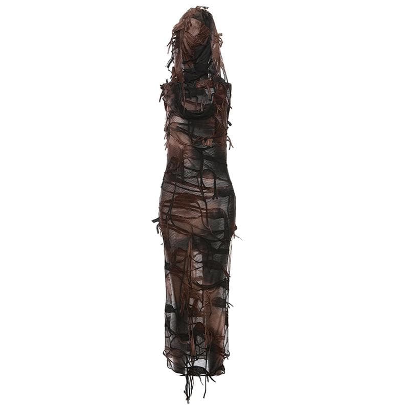 Distressed Layered Cowl Neck High Slit Sleeveless Maxi Dress