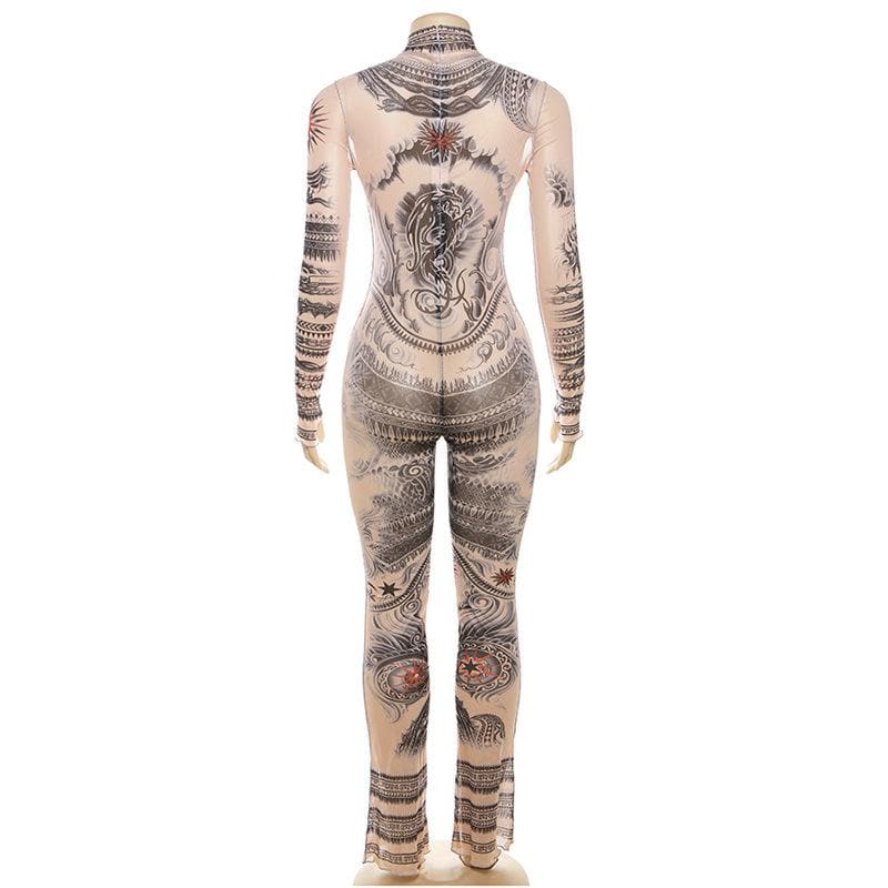 Sheer mesh abstract contrast see through long sleeve high neck jumpsuit