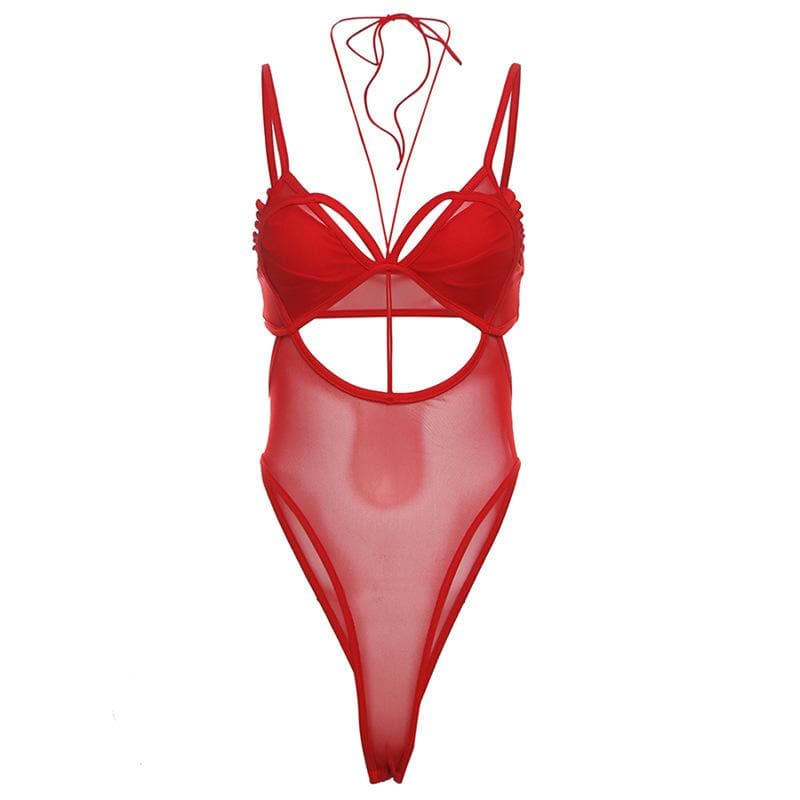 Mesh hollow out stitch ruffle solid cami bodysuit