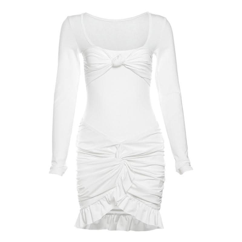 Long sleeve u neck ruched ruffle mini skirt set