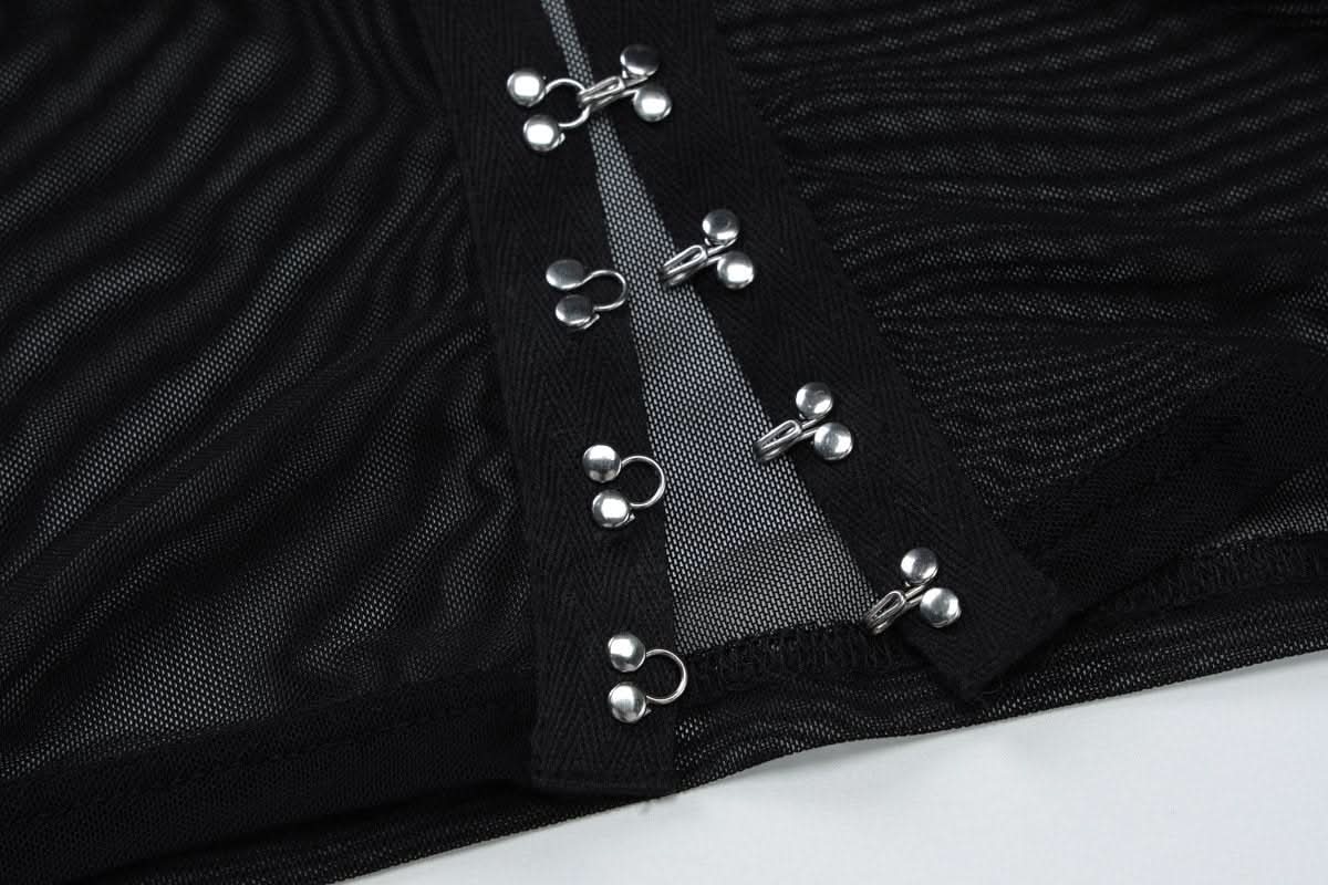 Halter long sleeve mesh lace hem button top