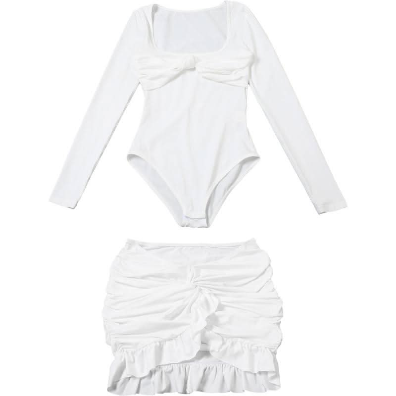 Long sleeve u neck ruched ruffle mini skirt set