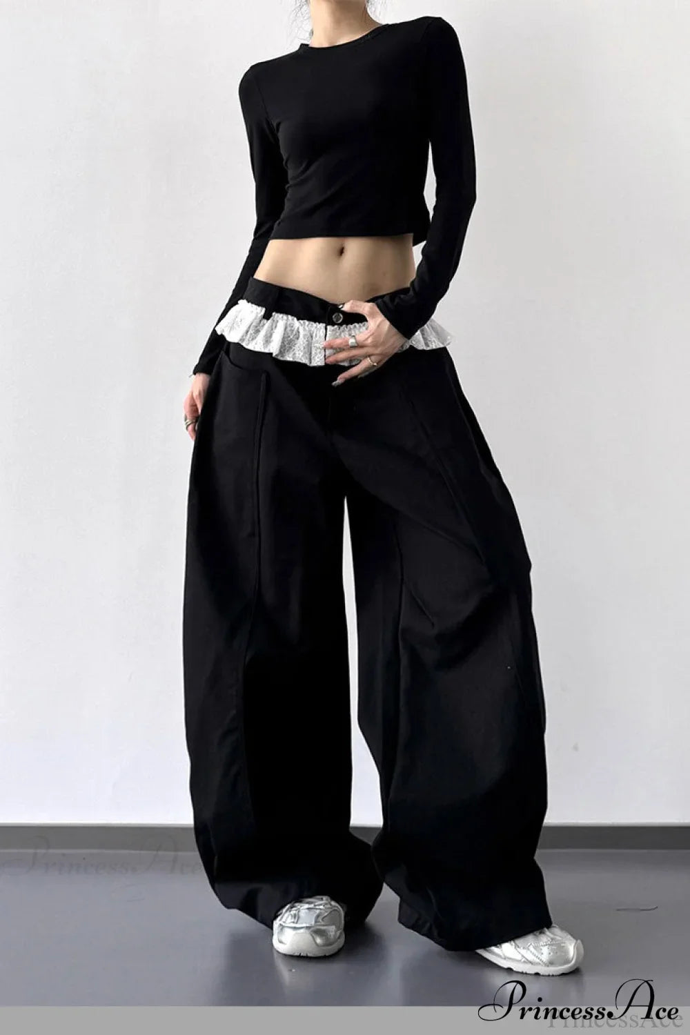 Lace Panel High Waist Wide Leg Jeans