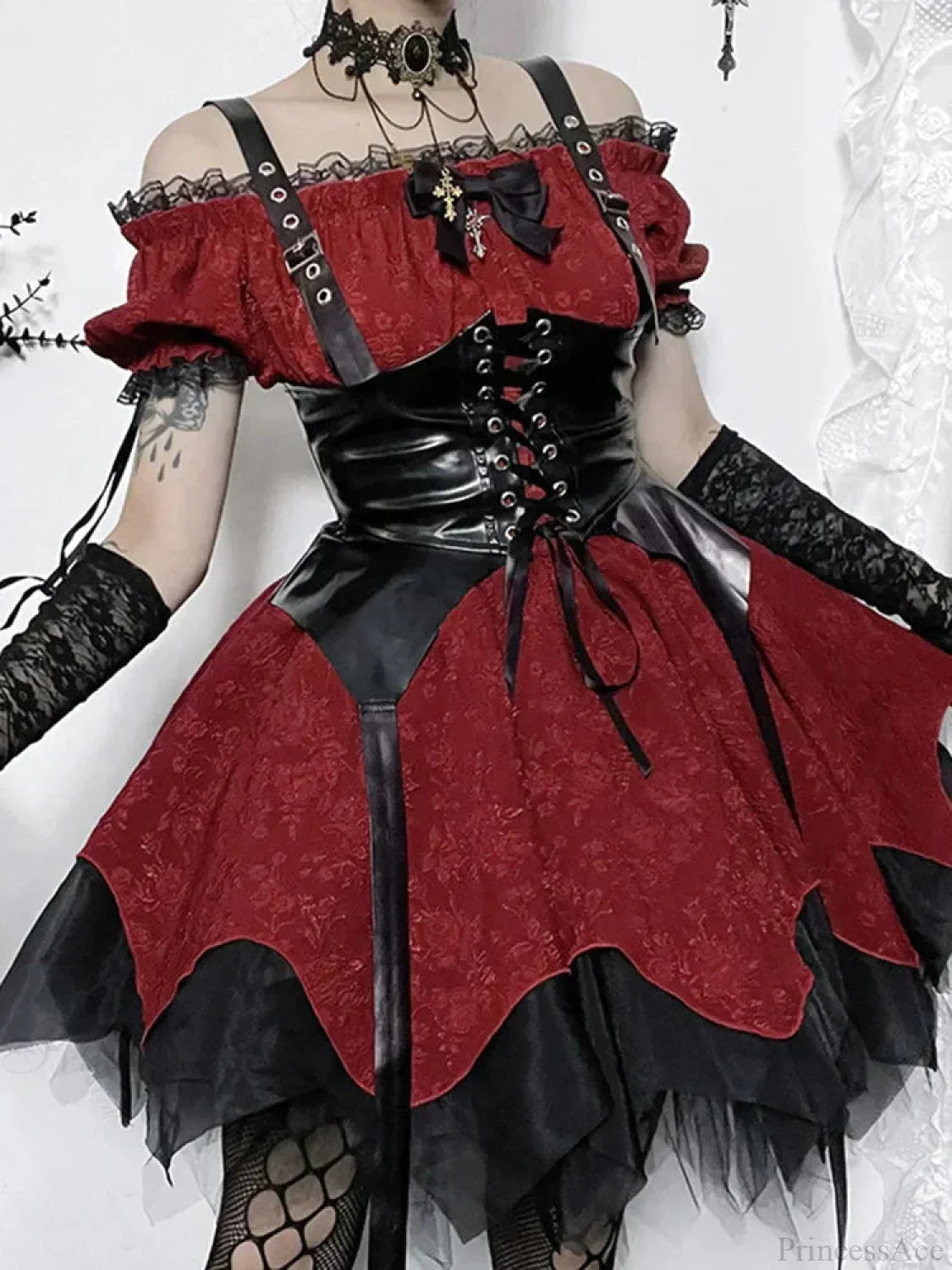 Jacquard Off Shoulder Corset Belt Lace Up Handkerchief Hem Mini Dress