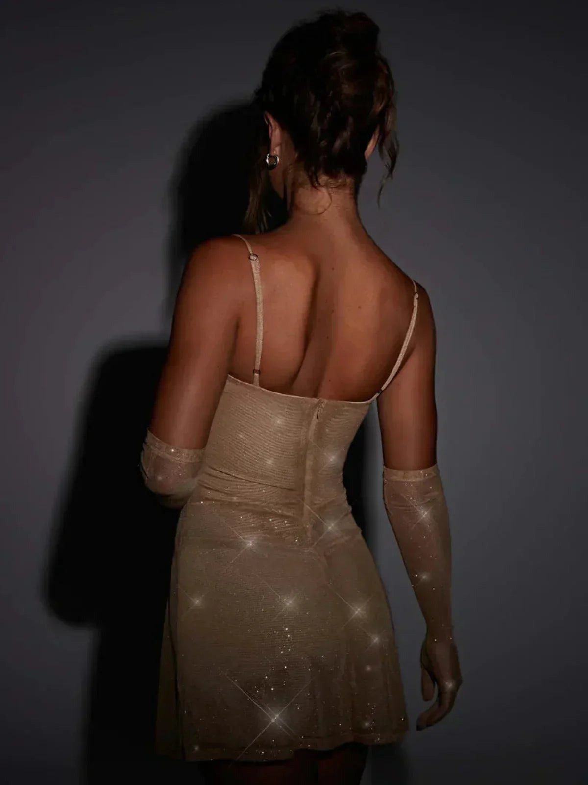 Sparkling Mesh Slip Mini Dress with Side Slit