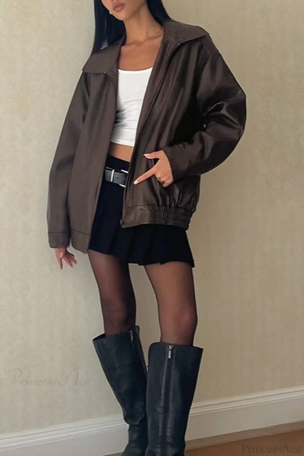 Long Sleeve Basic Loose Zipper Leather Coat