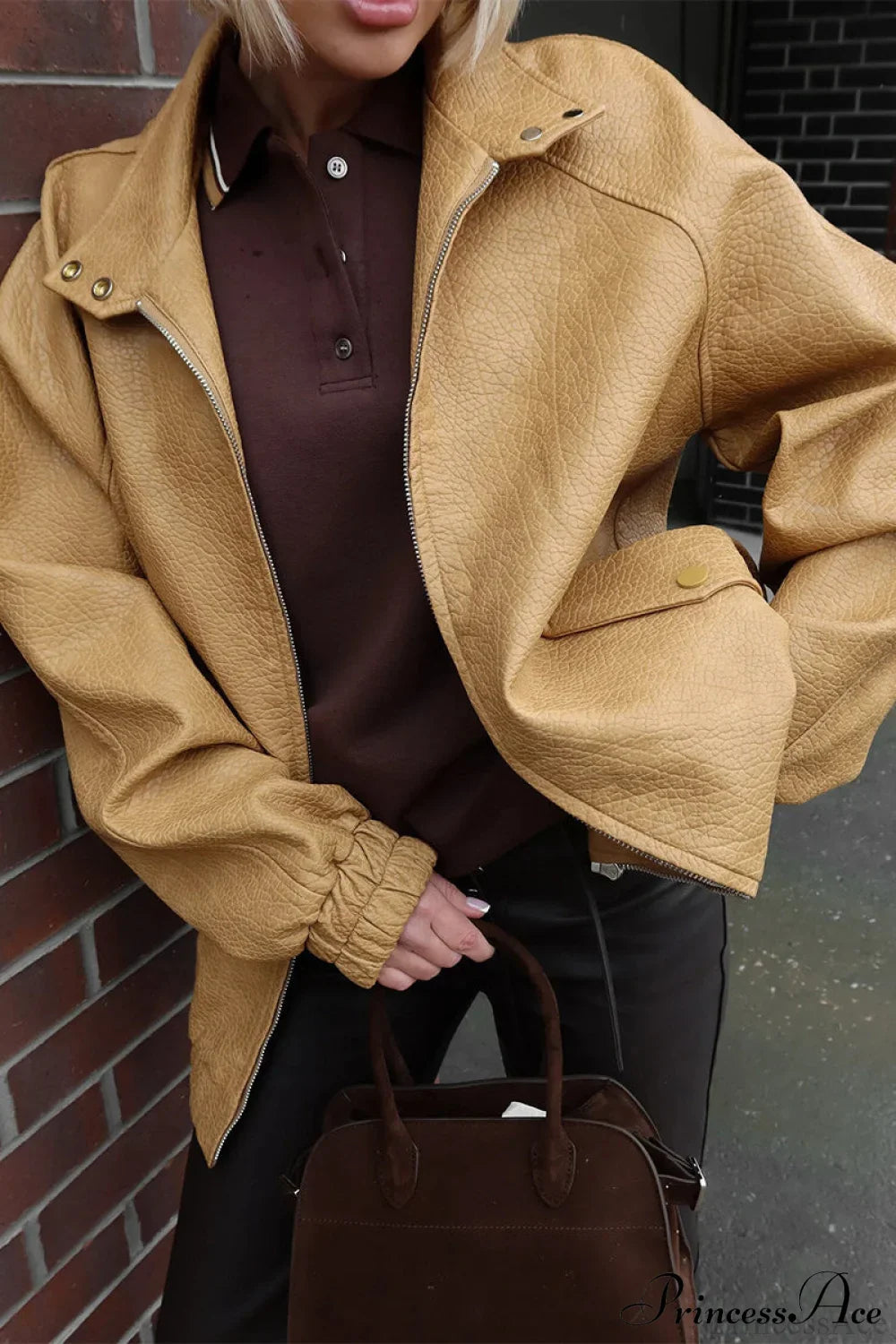 Loose Stand Collar Zipper Textured PU Leather Coat