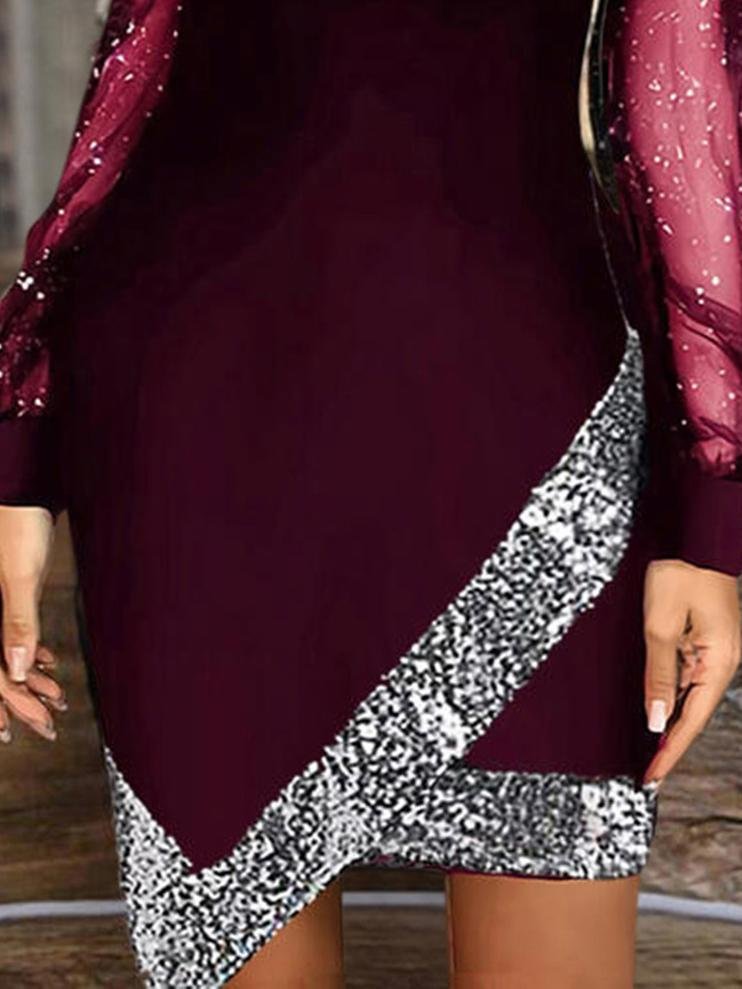 Glitter Mesh Long Sleeve Wrap Bodice Diagonal Sequin Panel Mini Dress