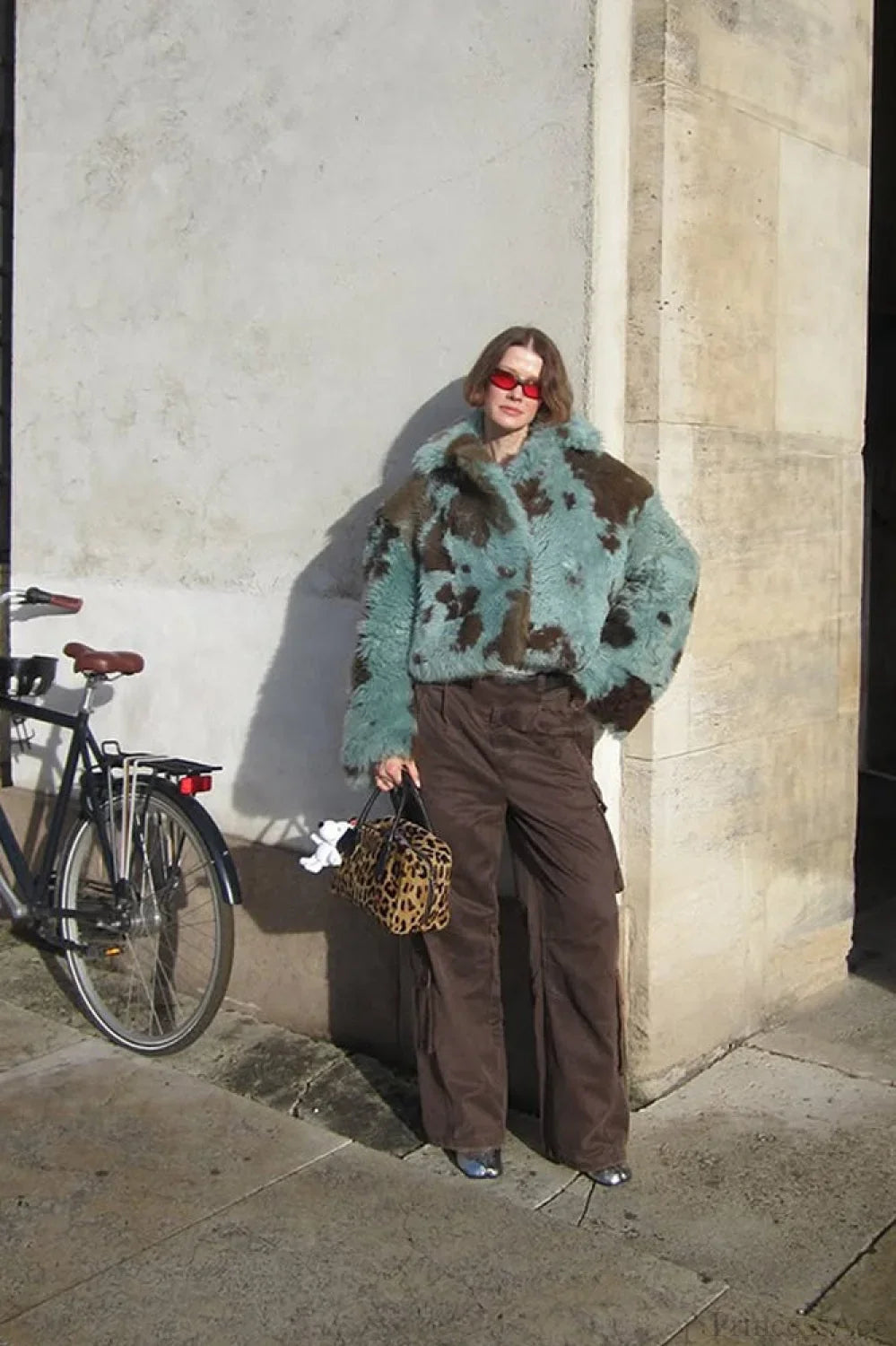 Mixed Color Printed Long Sleeve Cropped Faux Fur Coat