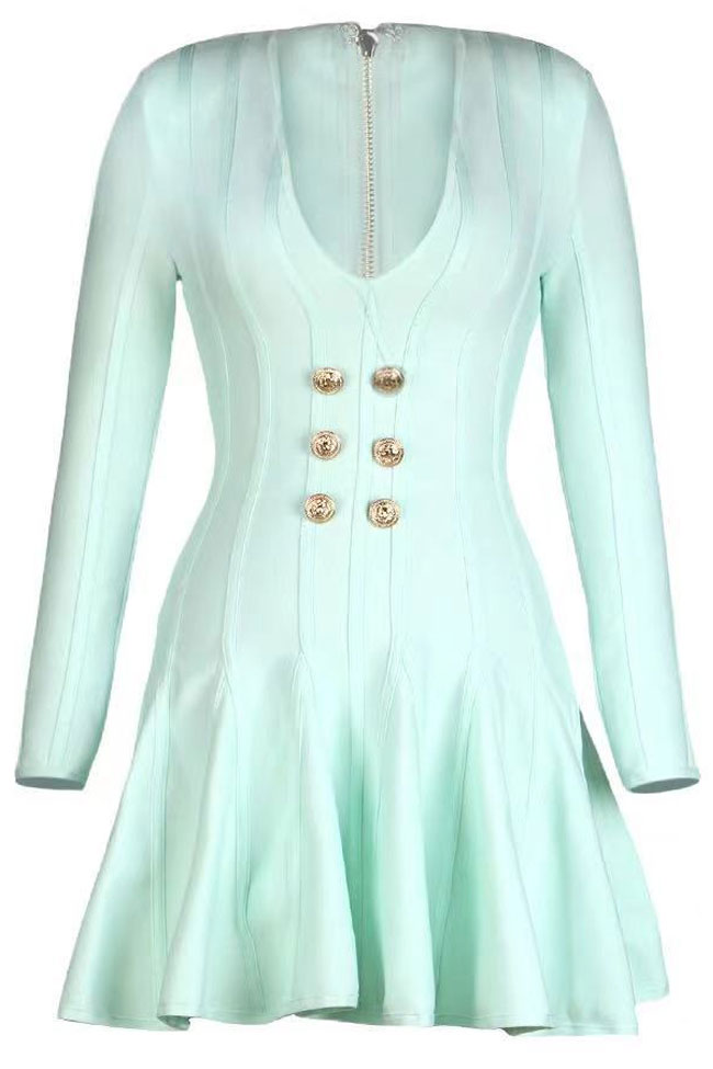 Shoulder Pad Double-Breasted Wrap Front Ruffle Skater Bandage Knit Mini Dress