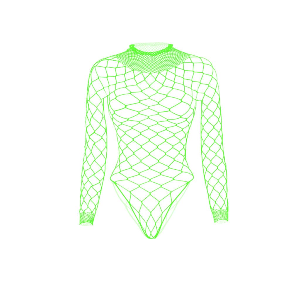 Long sleeve high neck fishnet diamond pattern bodysuit
