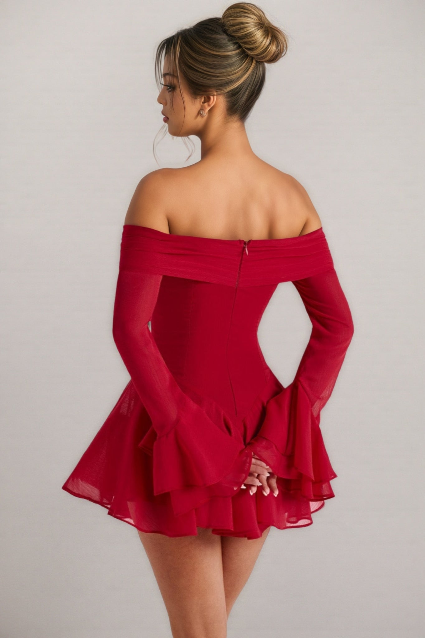 Hannd Red One-Shoulder Bell Sleeve Mini Dress