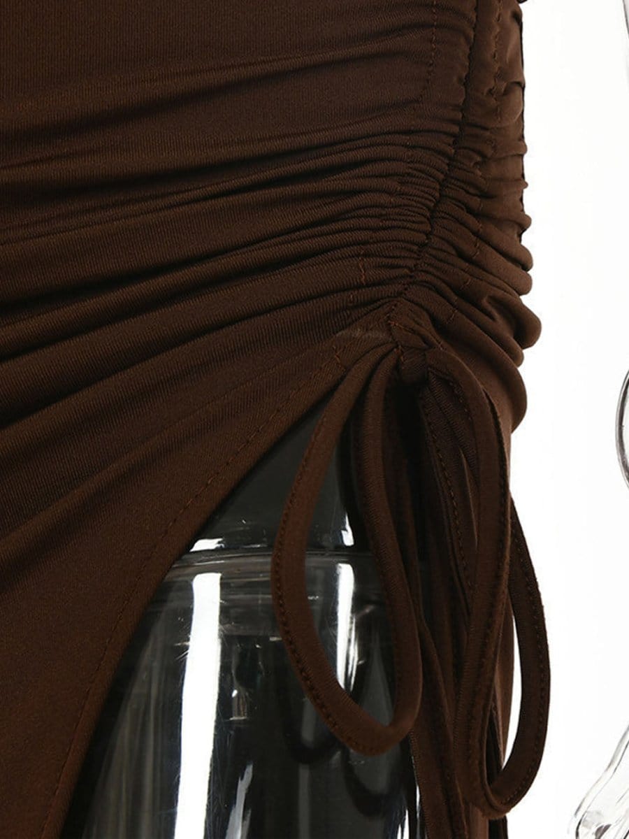 Halter Cross Strap Underbust Cut Out Ruched High Split Maxi Dress