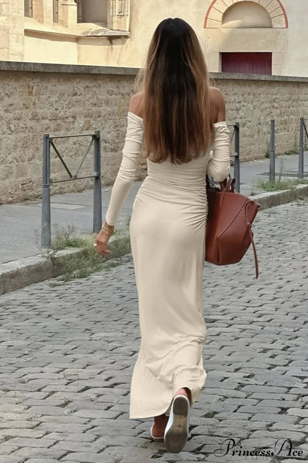 Open Back Sexy Ruched Long Sleeve Off Shoulder Maxi Dress