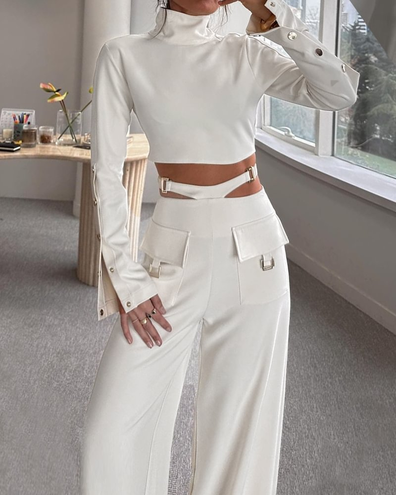 Solid Color Crossover Two-Piece Set With High Collar and Long Sleeves