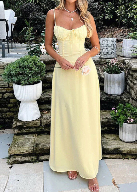 Soleil Maxi Dress – Yellow Spaghetti Strap Dress with Corset Bodice