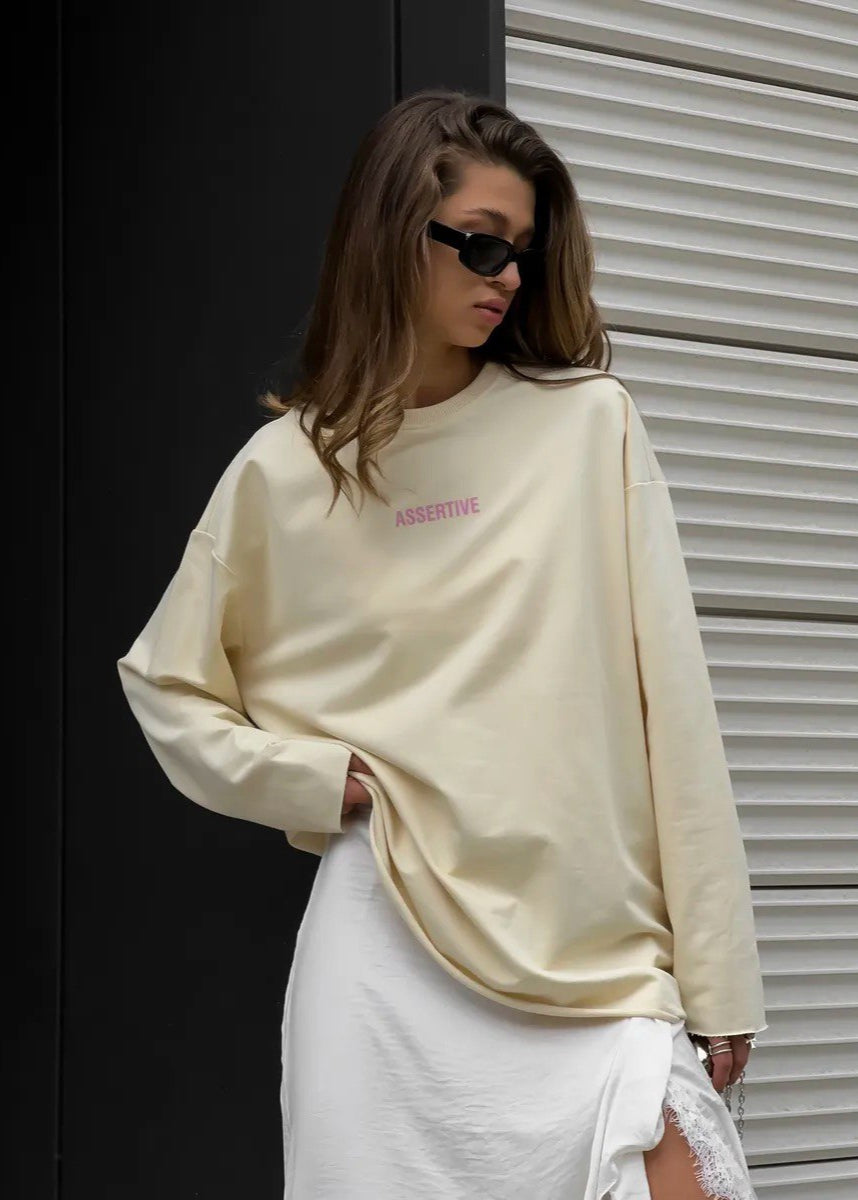 Assertive Energy - Cream Oversized Cotton Long Sleeve Tee