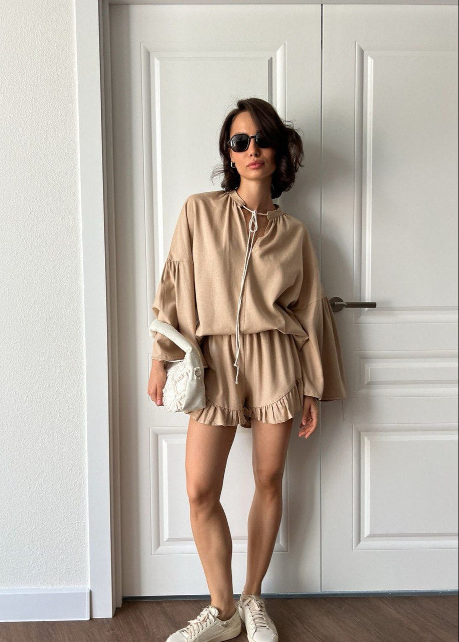 Azure Lounge Set – Light Blue Long Sleeve Top & Ruffled Shorts