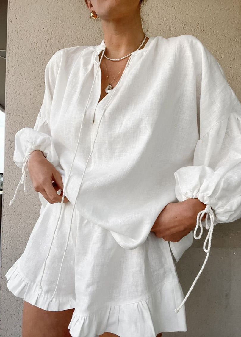 Isla Cotton Lounge Set – White Long Sleeve Top & Ruffled Shorts