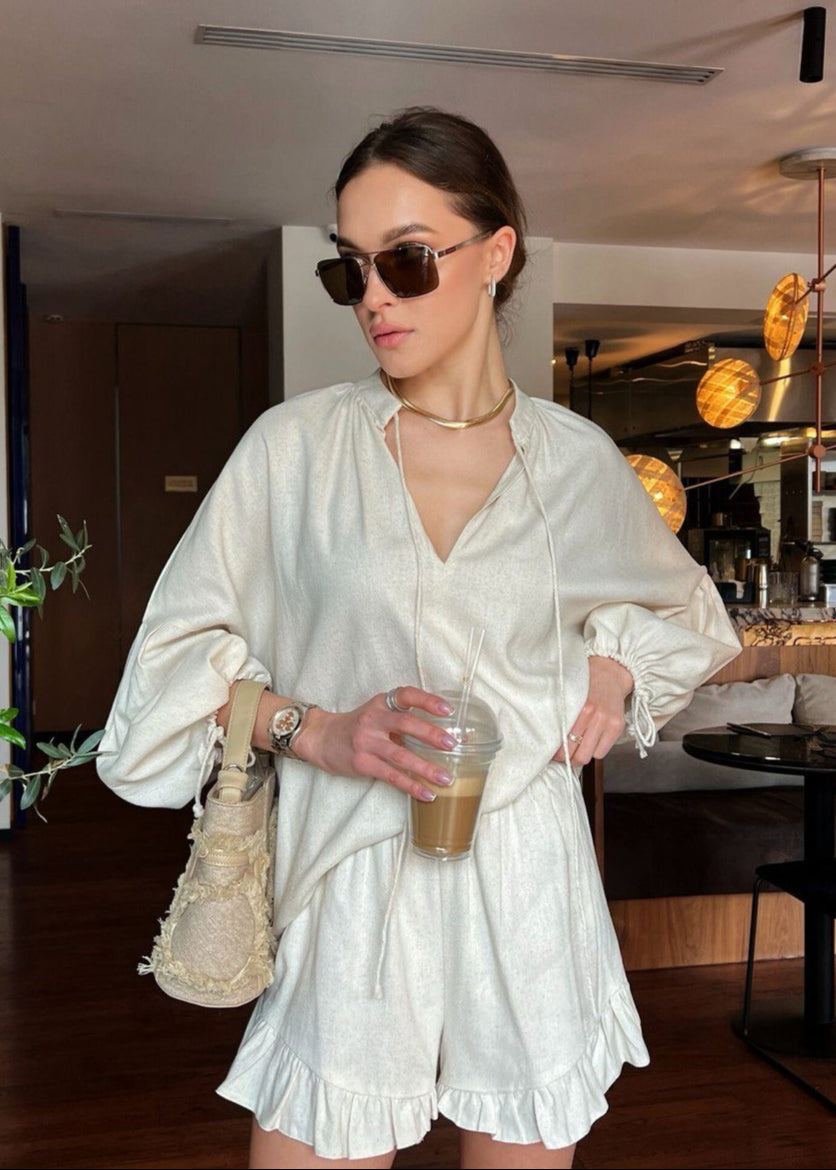 Isla Cotton Lounge Set – White Long Sleeve Top & Ruffled Shorts