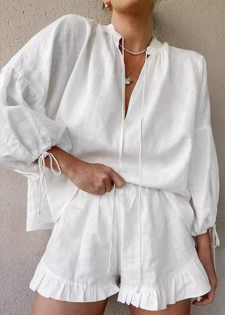 Isla Cotton Lounge Set – White Long Sleeve Top & Ruffled Shorts