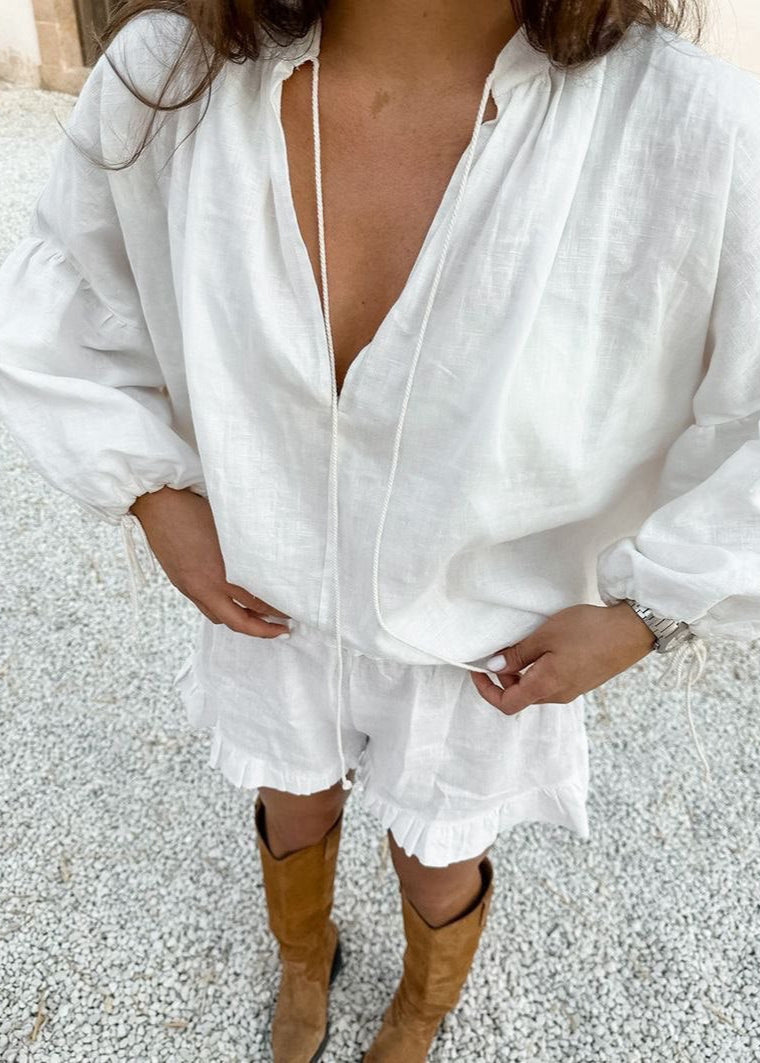 Isla Cotton Lounge Set – White Long Sleeve Top & Ruffled Shorts