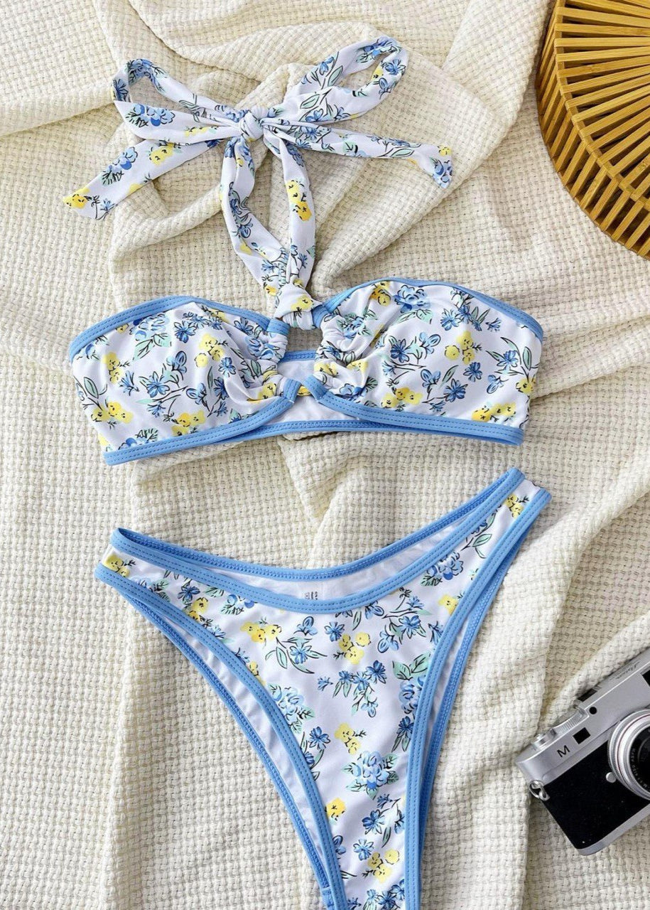 Blue Blossom Halter Bikini Set - Floral Strapless Swimwear with High-Waist Bottoms