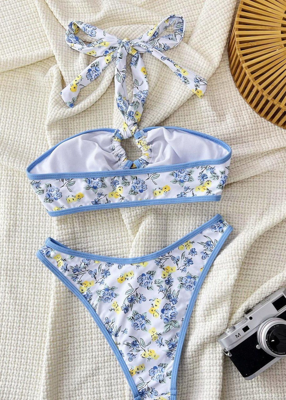 Blue Blossom Halter Bikini Set - Floral Strapless Swimwear with High-Waist Bottoms
