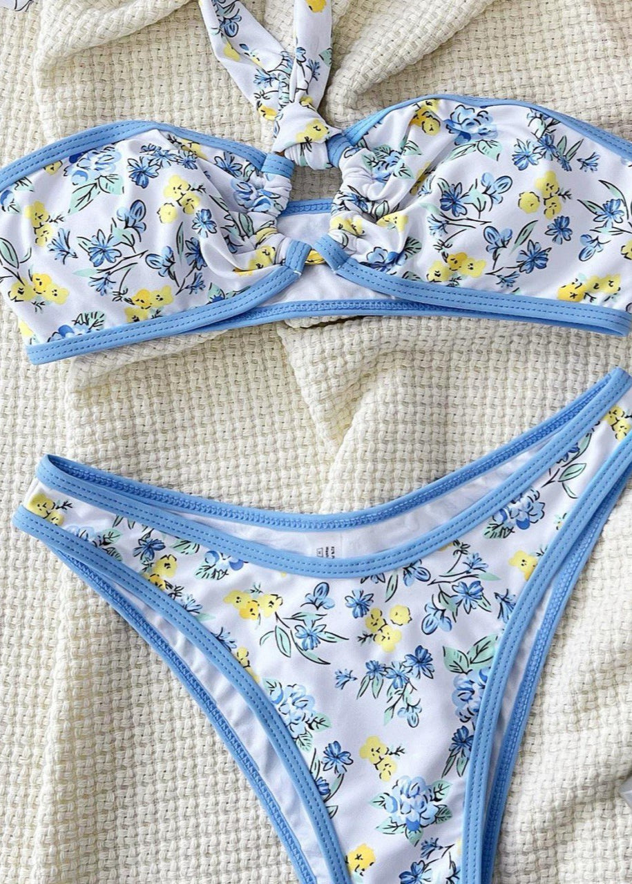 Blue Blossom Halter Bikini Set - Floral Strapless Swimwear with High-Waist Bottoms