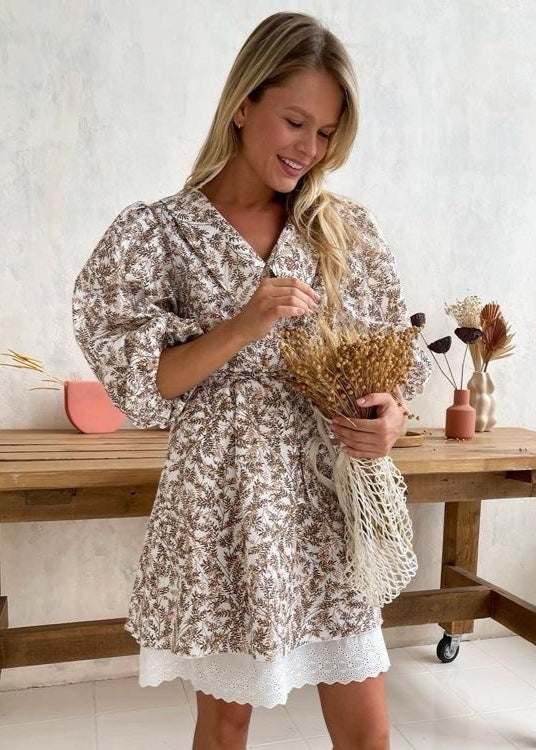 Willow Fern Dress – Puff Sleeve A-Line with Embroidered Hem